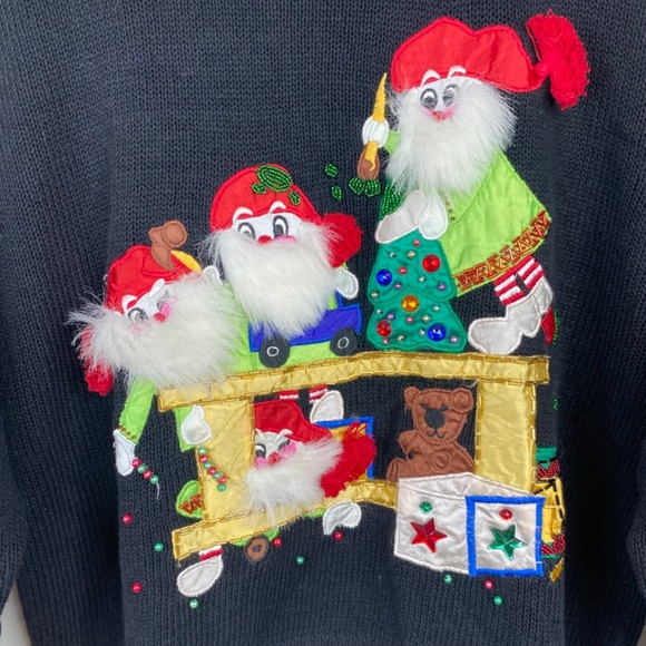 VTG 90s Ugly Christmas Sweater L MJ Carroll 3D Beards Elves Beaded Artsy Festive - Picture 2 of 11